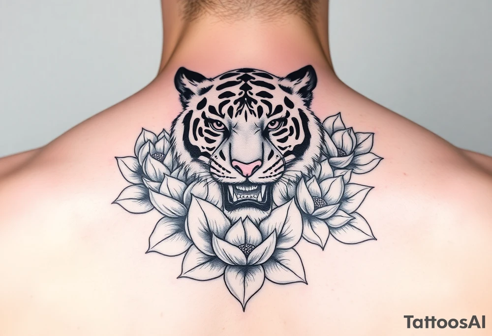 fierce tiger emerging through blooming lotus flowers in mist tattoo idea