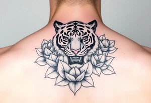 fierce tiger emerging through blooming lotus flowers in mist tattoo idea