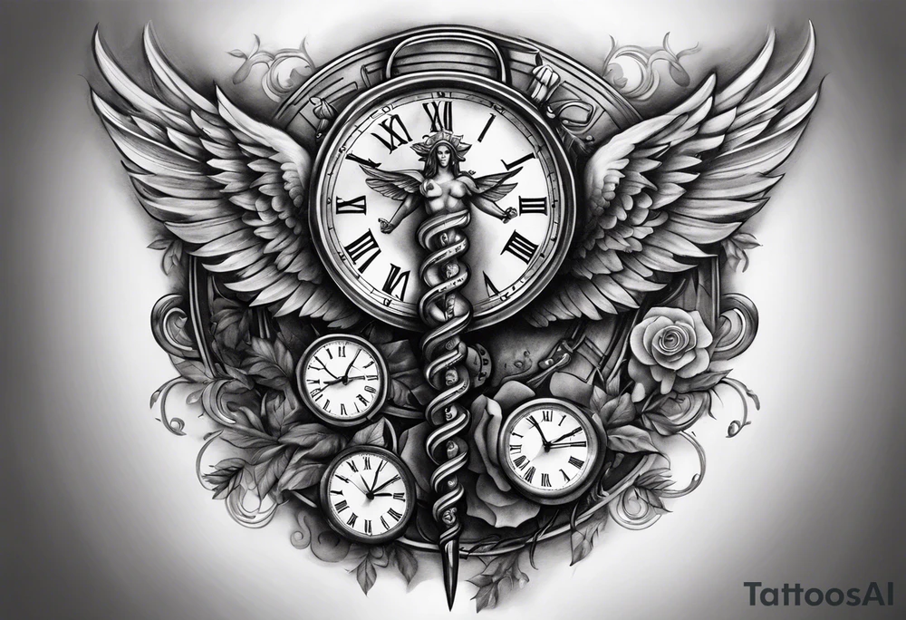 Caduceus with clock at 4:09 tattoo idea