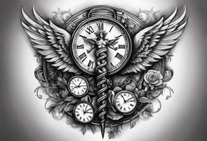 Caduceus with clock at 4:09 tattoo idea