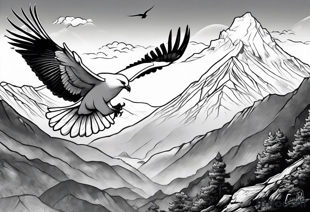White Dove with an eagle flying over a mountain tattoo idea