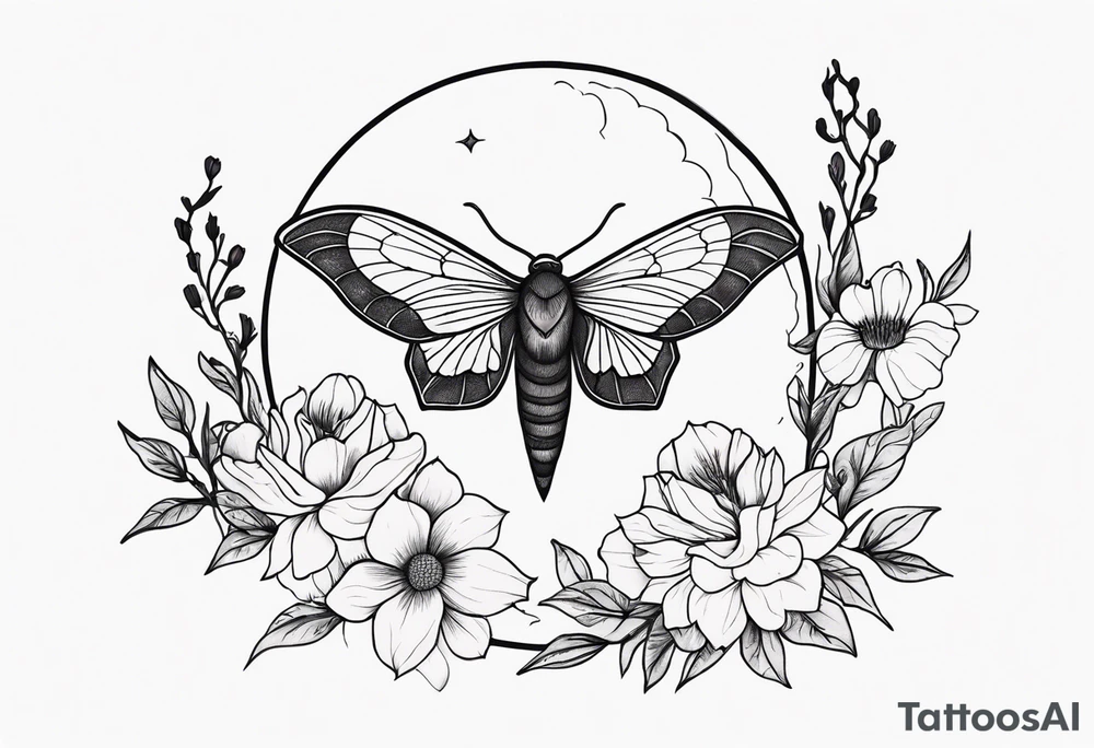 Moth, moon, snake, flowers tattoo idea