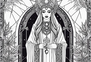 High priestess full tarot card cannabis simple 
line work tattoo idea