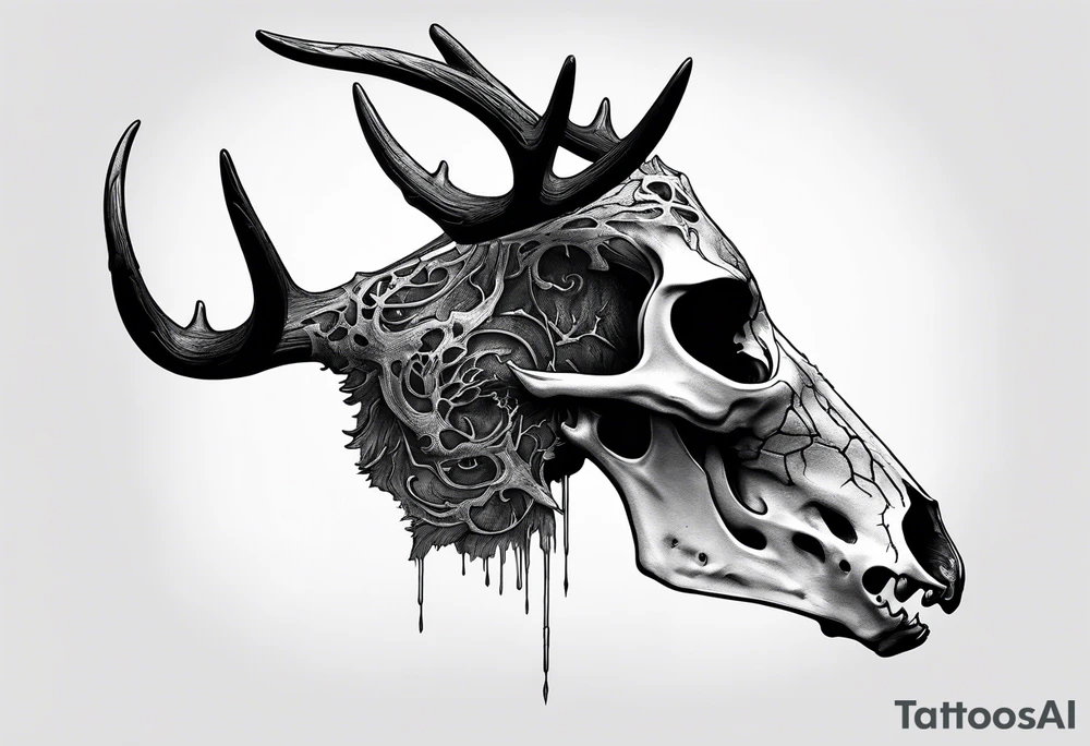A side view of a decayed deer skull with no skin JUST BONE FOREST FIRE tattoo idea