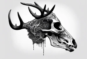 A side view of a decayed deer skull with no skin JUST BONE FOREST FIRE tattoo idea