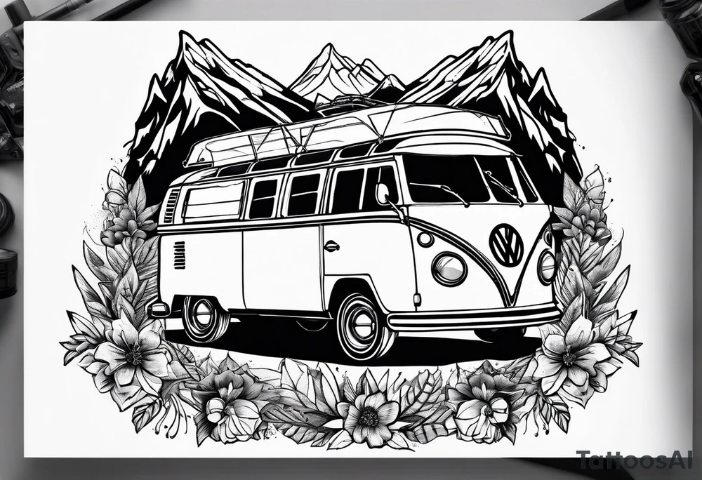 directional Compass rose, mountains and VW Komi campervan tattoo idea