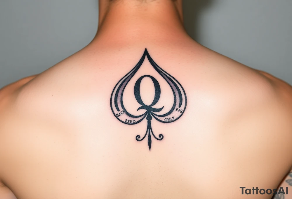 A spade womb tattoo with a Q in the center, with three points around the outside. The first reading, "BLACK". The second reading, "SEED". The third reading, "ONLY". A tail at the bottom of the spade. tattoo idea