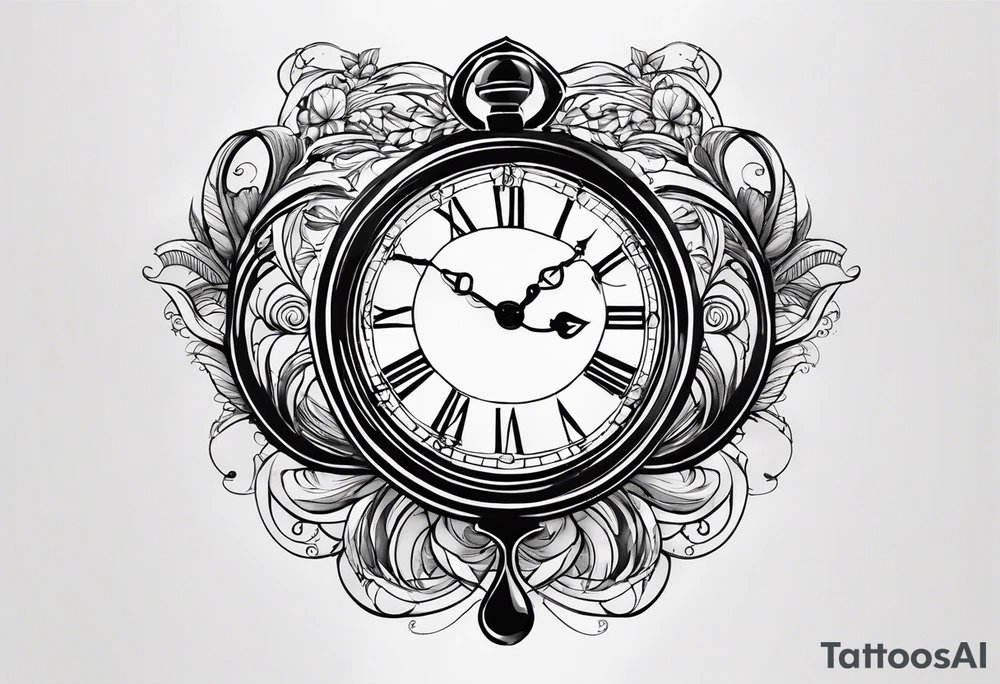 Draw me a tattoo located on the shoulder and upper arm of a man. The tattoo represents a clock in an hourglass with Roman numerals in the background. It is a symbol of the passing of time. tattoo idea