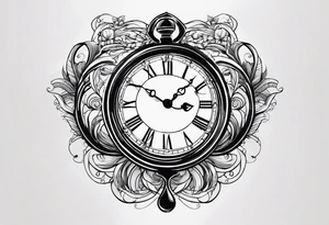Draw me a tattoo located on the shoulder and upper arm of a man. The tattoo represents a clock in an hourglass with Roman numerals in the background. It is a symbol of the passing of time. tattoo idea