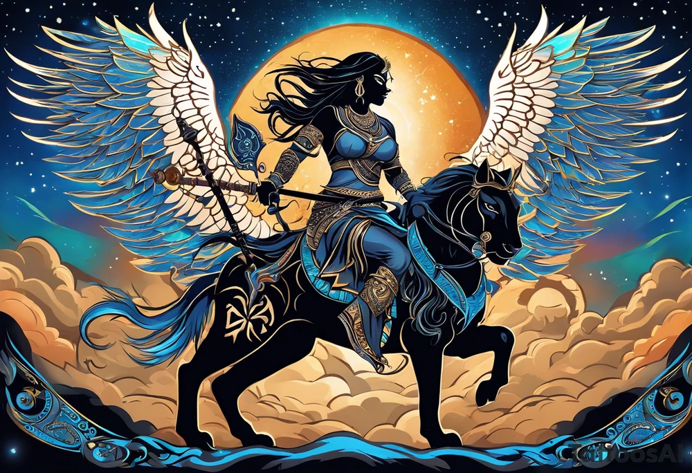 black kali, goddess pirate, alien, angel, pachamama, valkrye, warrior, flying, skull, lotus azul, wing, eagle, zenza resonance, stars, 5D, anahata chakra, death, durga, riding on a tiger, flying lady tattoo idea
