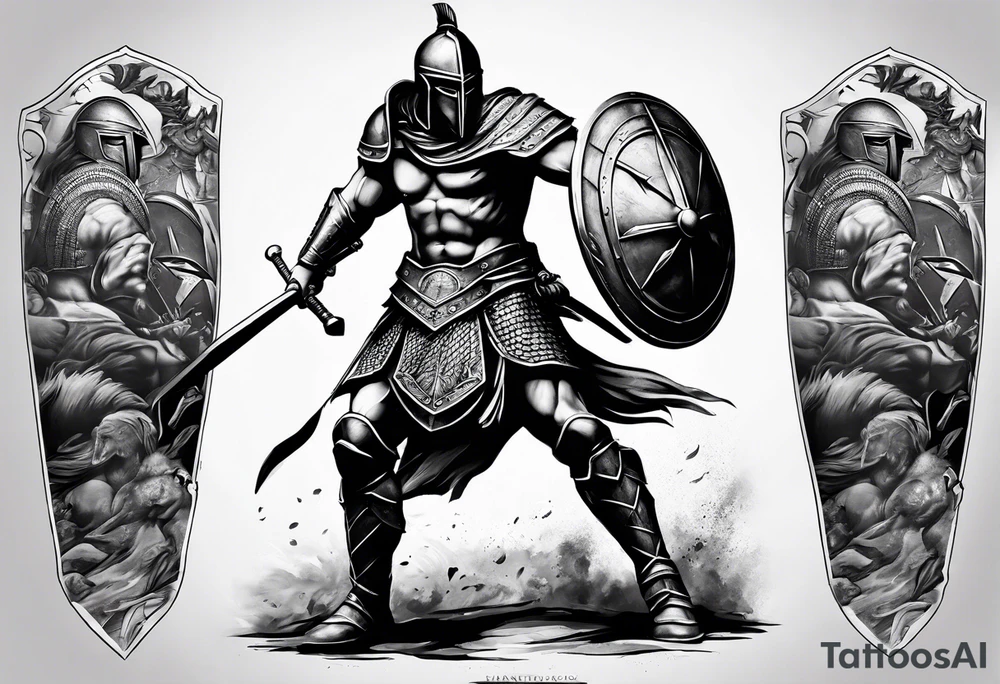 Full Leg sleeve the whole leg of the battle of 300 with a lot of Spartans tattoo idea