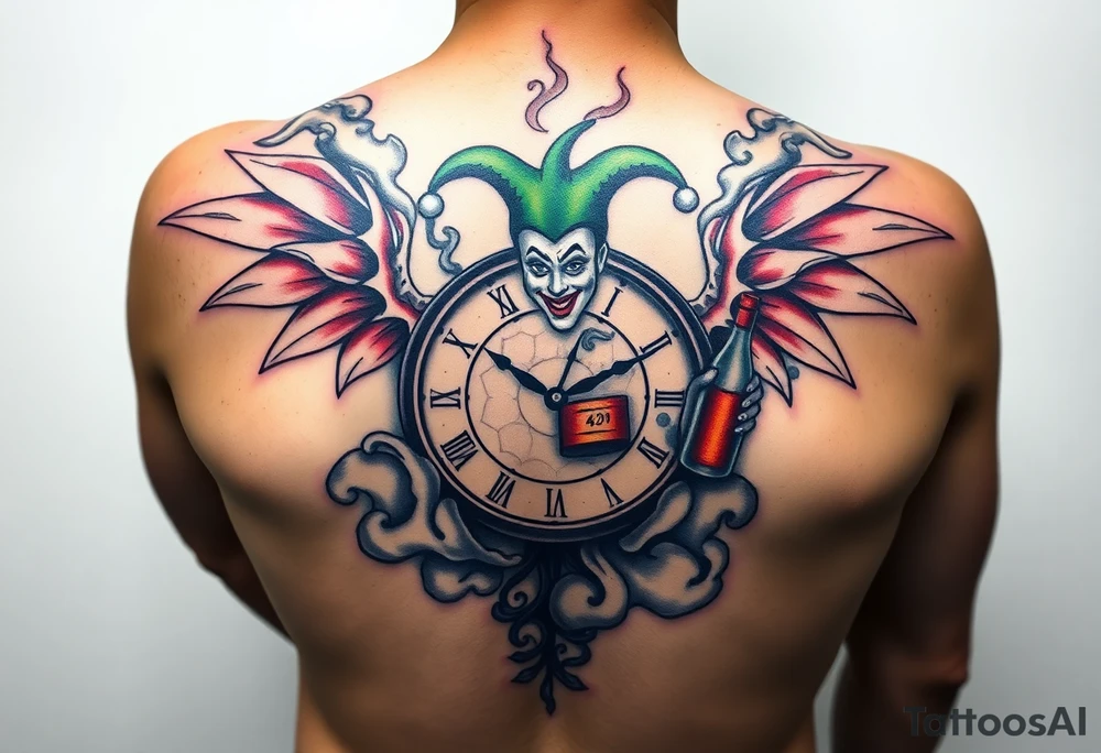 a jester clown floating in smoke with a  clock, the time says 420,  with two open wings besides the clock, smoke as the spring rising from the clock, a jester clown coming out the smoke, smoking in one hand with a liquor bottle on the other hand tattoo idea