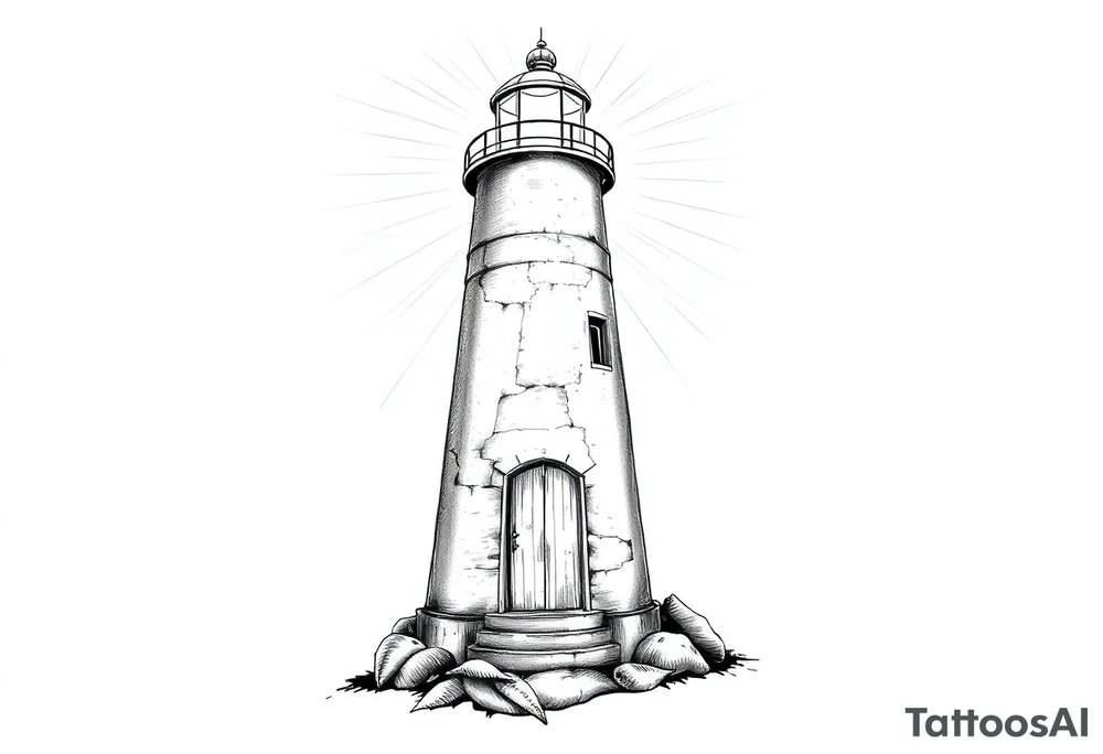 Lighthouse with rays of light with a few windows and an old door tattoo idea