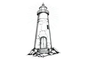 Lighthouse with rays of light with a few windows and an old door tattoo idea