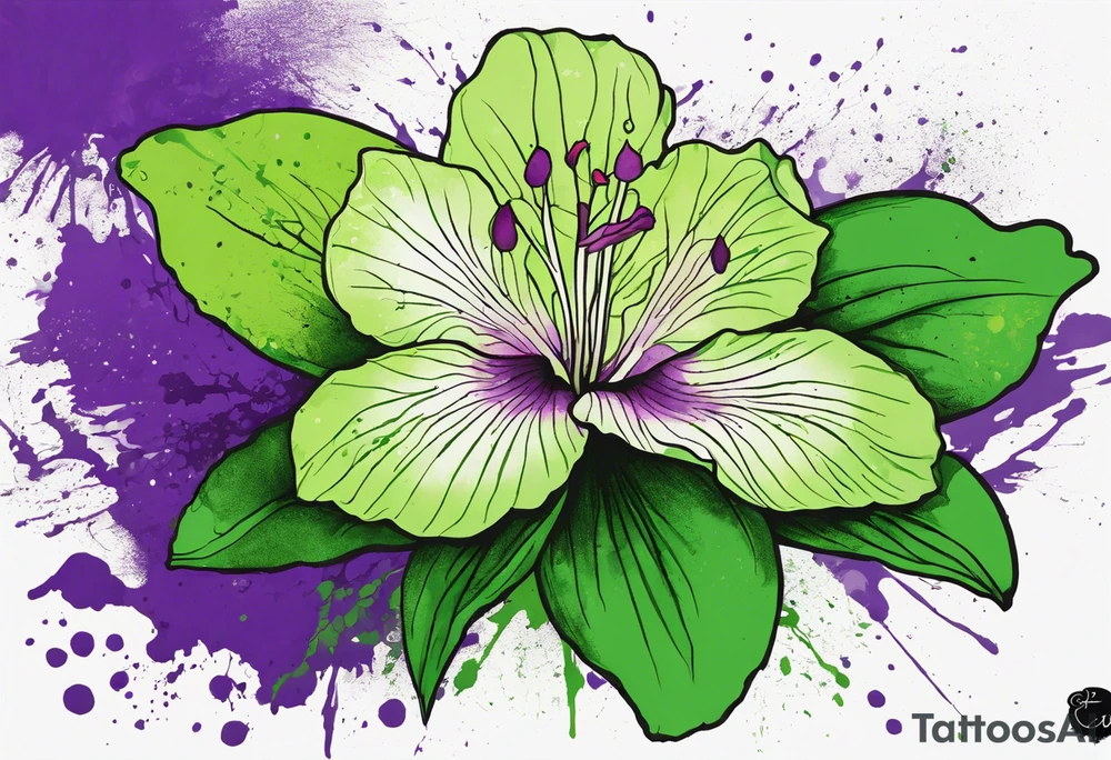 An outline of a green rio dipladenia flower and a green/purple watercolor splatter in the background tattoo idea