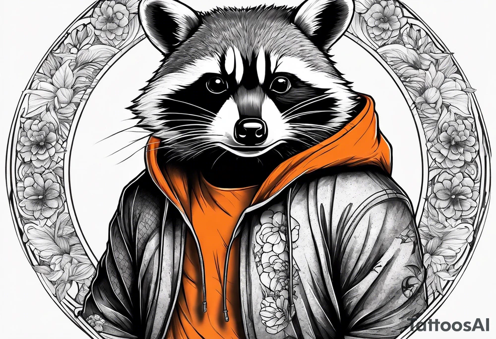 Raccoon wearing an orange Superman hoodie tattoo idea
