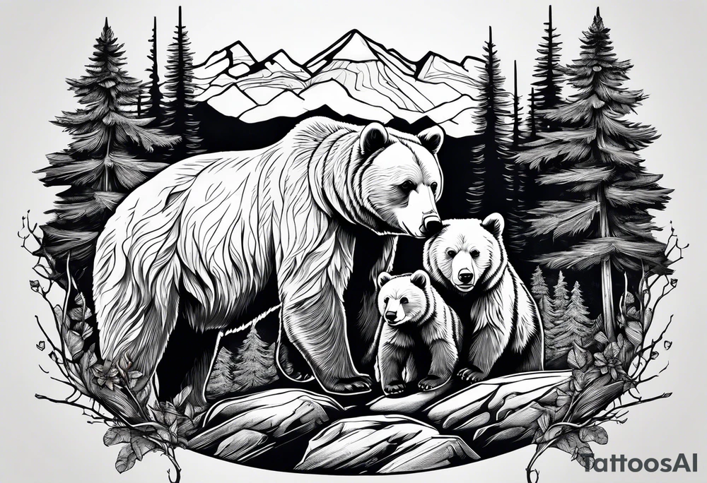 Momma bear and teen cub in the mountains tattoo idea