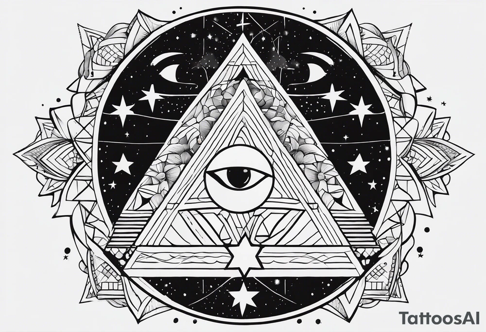 Blackwork tattoo sketch with moon and star. Sacred geometry tattoo design, mystic symbol. New school dotwork, line art minimalist style tattoo. Boho design. Print, posters, t-shirts and textiles tattoo idea