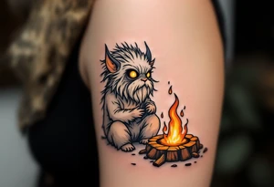 Domovoi Spirit – A small, bearded creature in fur and linen with glowing yellow eyes, sitting by a hearth with amber flames and wooden textures in brown and ochre. tattoo idea