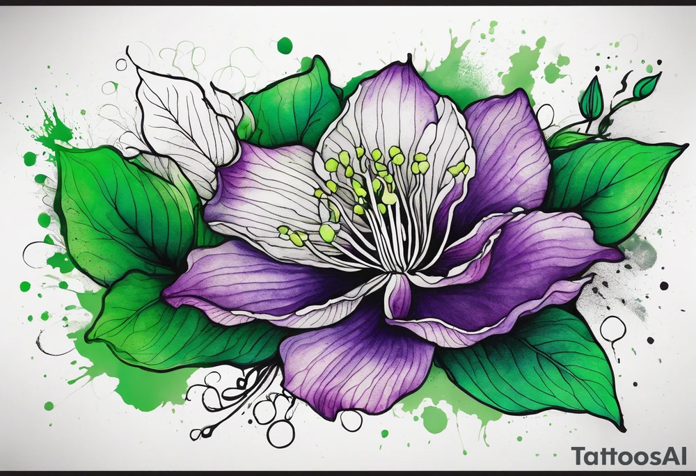 A mystical outline of a green with a bit of purple rio dipladenia flower and a green and purple watercolor splash in the background tattoo idea