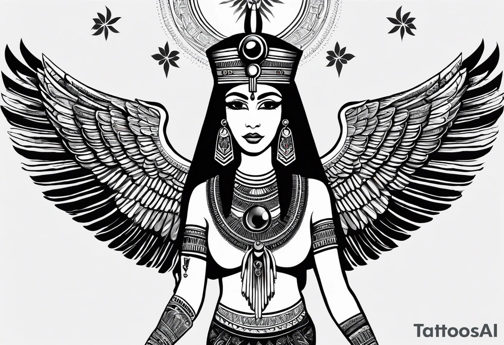 black and white Egyptian goddess Isis, who is often depicted as a woman with outstretched wings, holding an ankh (a symbol of life) in one hand and a lotus flower in the other. Her headdress often includes a throne or a solar disk. The tattoo design can vary in style and size, but it typically aims to capture the essence of this revered Egyptian deity, emphasizing her beauty, power, and maternal qualities. The choice of colors and additional elements can also be customized to create a unique and visually striking representation of the goddess Isis tattoo idea