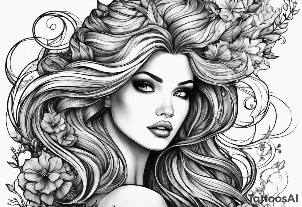 Wildly flowing mermaid hair tattoo idea