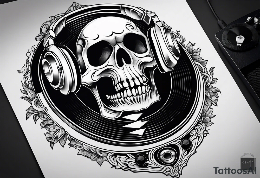 Skeleton listening to record player tattoo idea