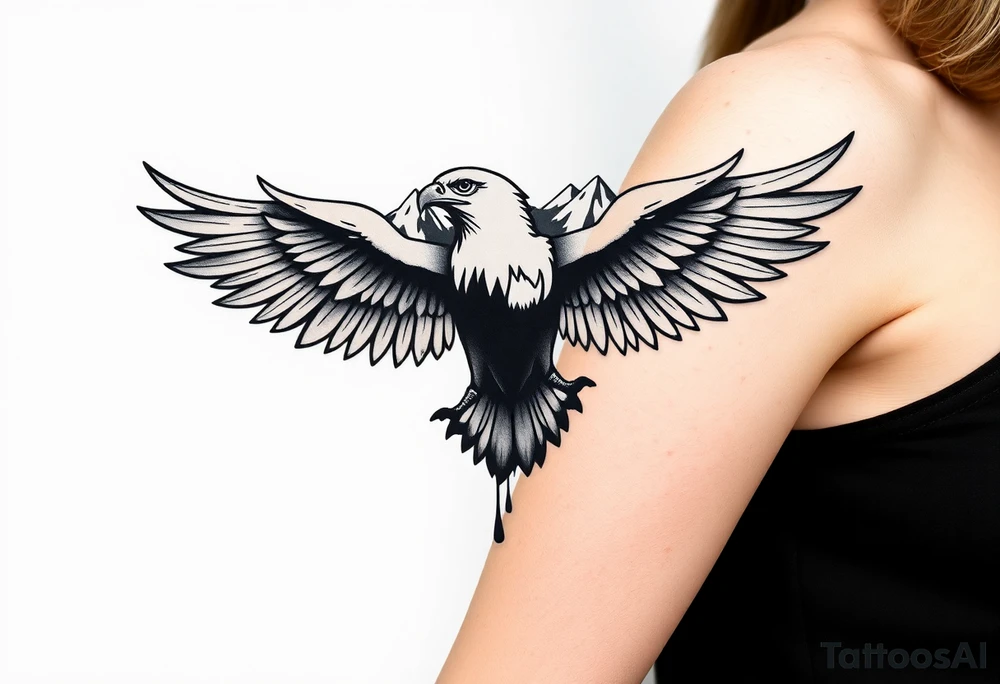 majestic eagle spreading wings against mountain peaks casino theme with 3d raindrop tattoo idea