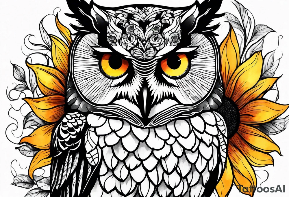 Arm sleeve with colorful sunflowers and an owl tattoo idea