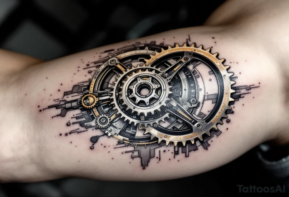 A detailed bicycle gear mechanism, with shades of silver and gold, creating an industrial yet artistic feel. tattoo idea