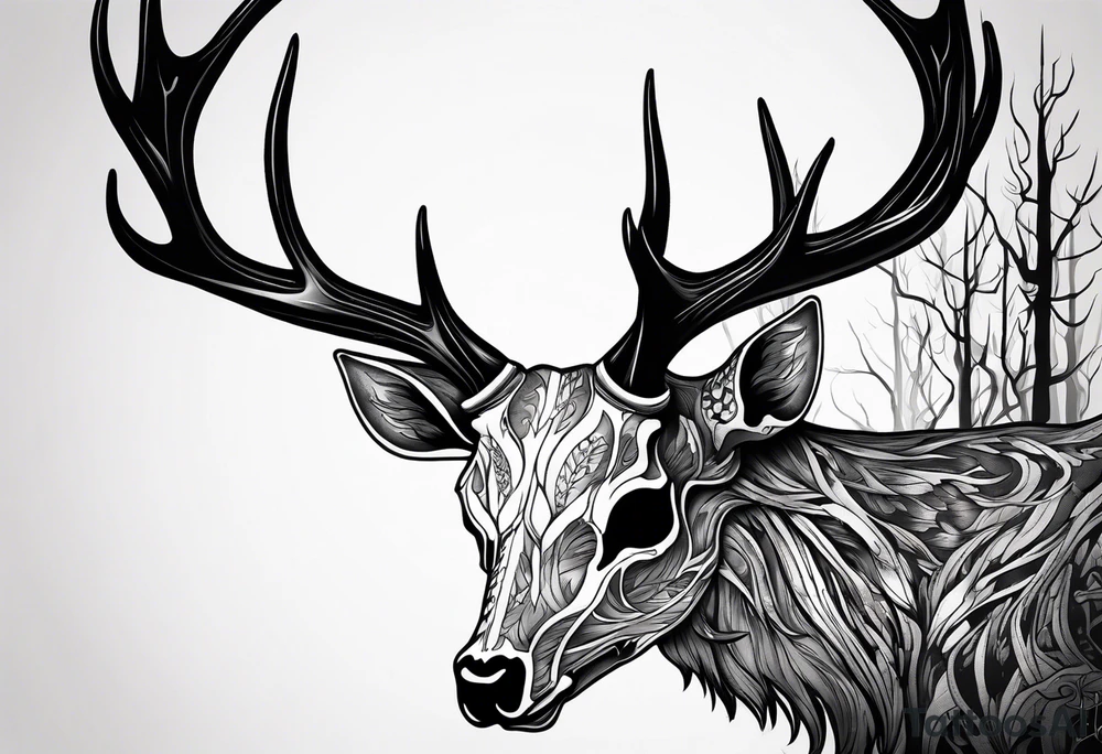 A side view of a decayed deer skull NO SKIN JUST BONE surrounded by trees and FLAMES in background tattoo idea