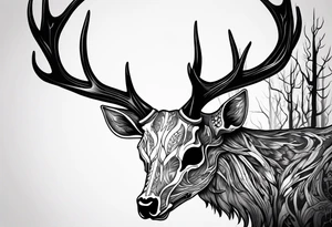 A side view of a decayed deer skull NO SKIN JUST BONE surrounded by trees and FLAMES in background tattoo idea
