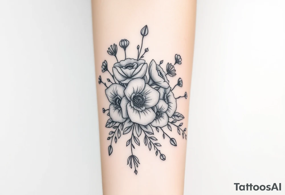 vintage bouquet of wild roses and meadow flowers with morning dew tattoo idea