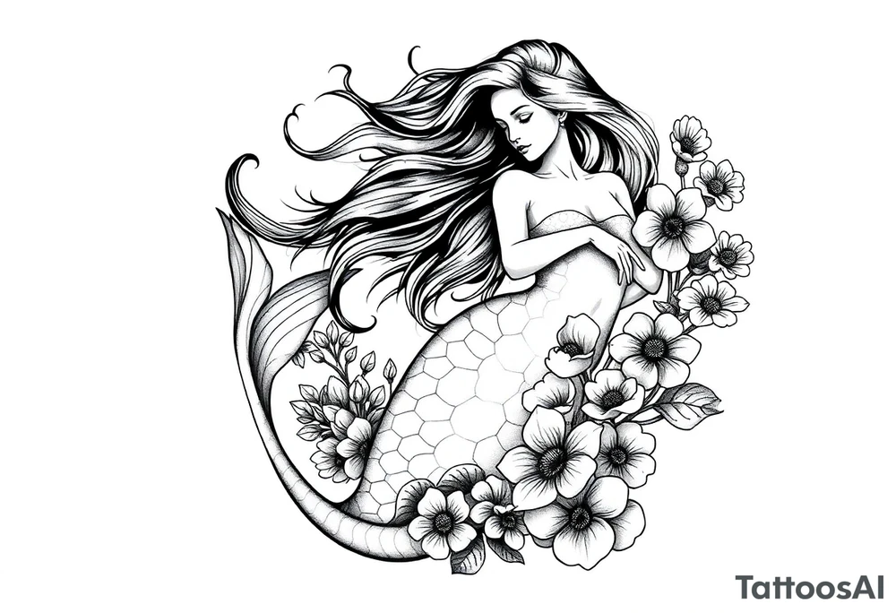 ethereal mermaid with flowing hair among coral and sea flowers tattoo idea