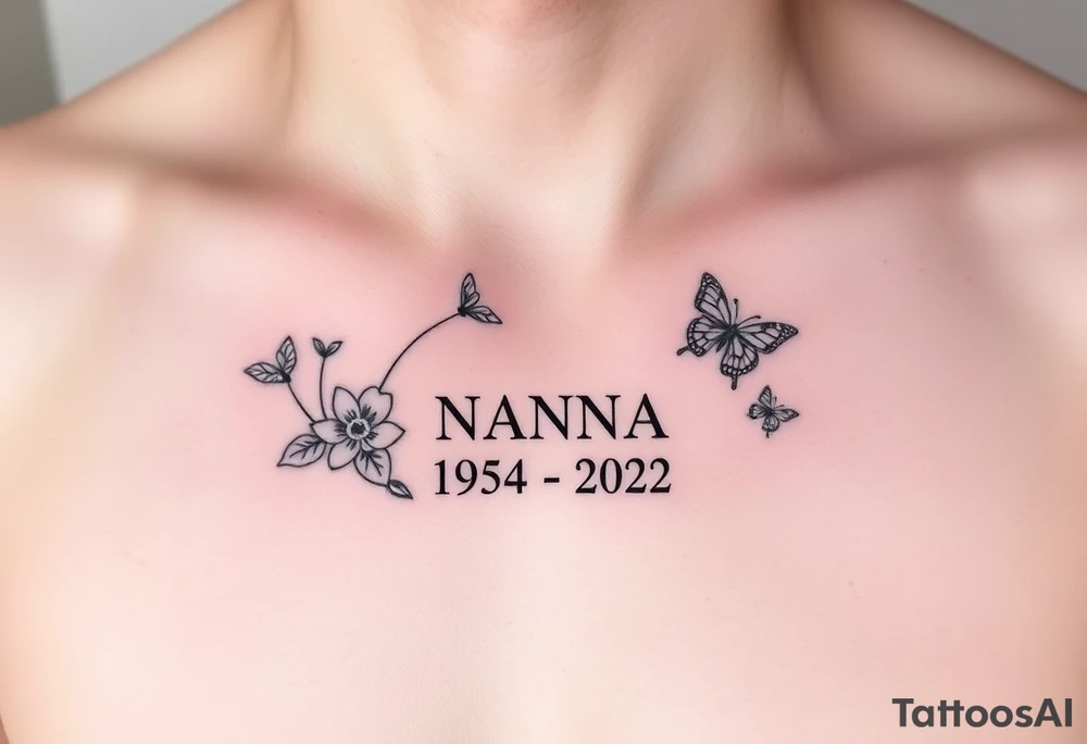 memorial tattoo with flowers and butterflies with the name “NANA” and the date “1954-2022” tattoo idea
