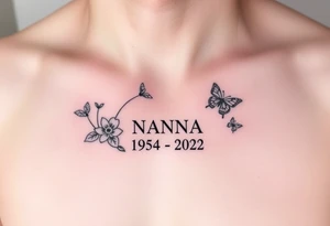 memorial tattoo with flowers and butterflies with the name “NANA” and the date “1954-2022” tattoo idea