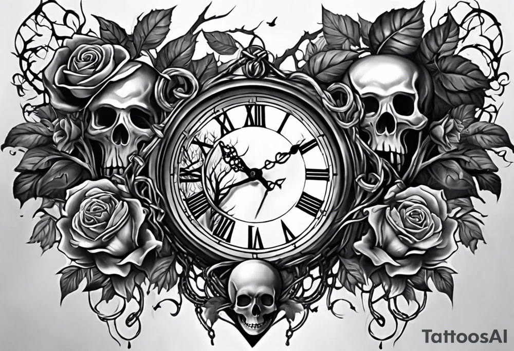 tattoo fool sleeve, tree roots break out of the chains, broken mask, clock with flying numbers, girl, skull, roses tattoo idea