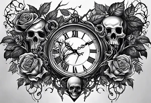 tattoo fool sleeve, tree roots break out of the chains, broken mask, clock with flying numbers, girl, skull, roses tattoo idea