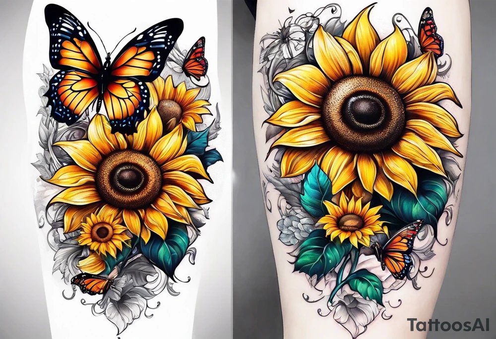 Sunflower and butterfly leg sleeve tattoo idea