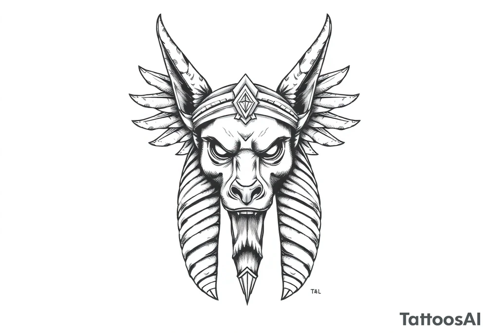 powerful majestic muscle anubis Egyptian god face without eyes with mantle on head tattoo idea