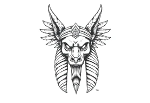 powerful majestic muscle anubis Egyptian god face without eyes with mantle on head tattoo idea