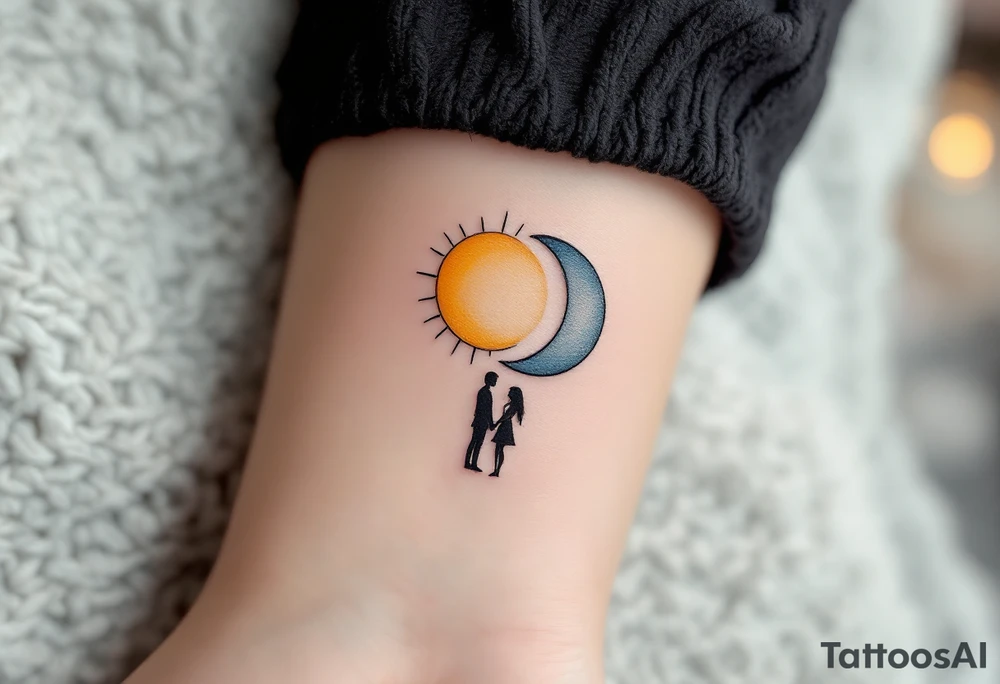A sun and moon in a symmetrical design, with the couple’s silhouettes standing together beneath them, hands joined. Warm gold for the sun, cool silver for the moon, and black for the couple’s silhouettes. tattoo idea