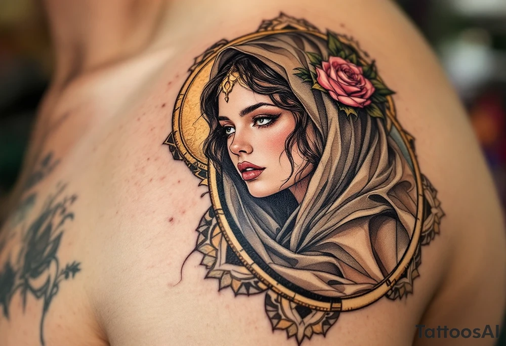 Alfons Mucha’s mythic muse cloaked in earthy browns and rose hues, framed by geometric art nouveau borders in tarnished gold. tattoo idea
