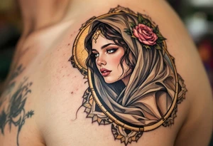 Alfons Mucha’s mythic muse cloaked in earthy browns and rose hues, framed by geometric art nouveau borders in tarnished gold. tattoo idea