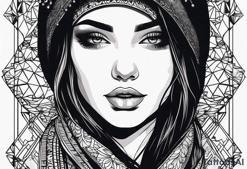 Portrait girl vector screen print monocromatic+ tattoo idea