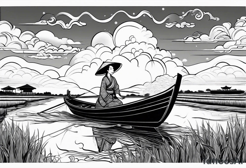 vietnamese lady on boat rice fields water sunset home clouds tattoo idea