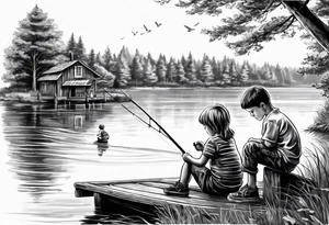 forearm tattoo set on a dock on a lake. There is a little boy sitting next to a little girl. The little boy is fishing and the little girl is reading. There are trees surrounding the lake. tattoo idea