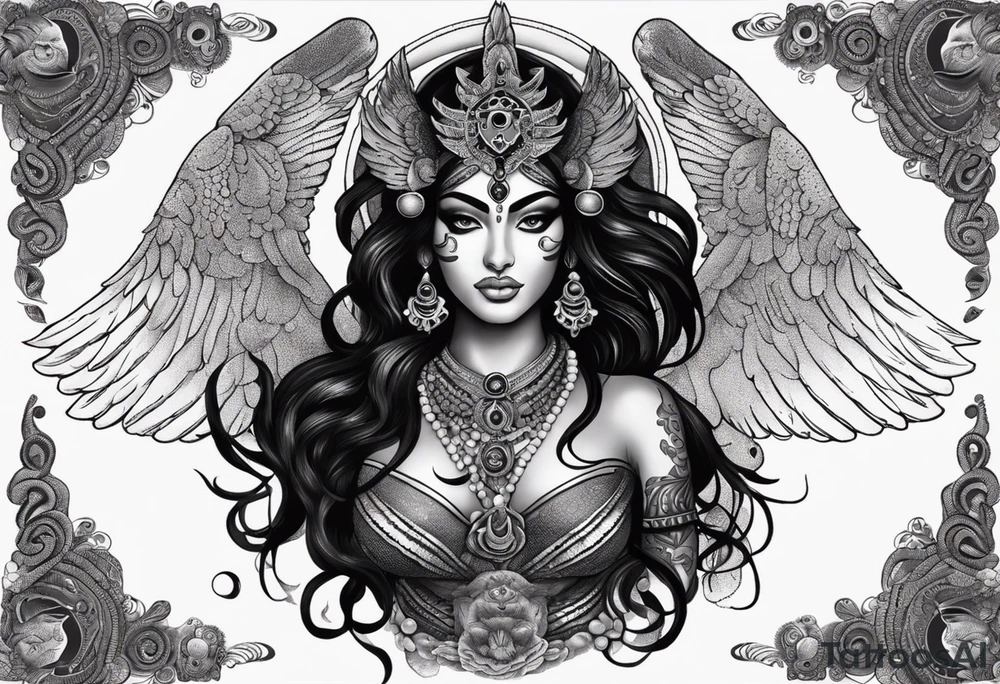 black kali, goddess pirate, alien, angel, pachamama, valkrye, warrior, flying, skull, lotus azul, wing, eagle, zenza resonance, stars, 5D, anahata chakra, death, durga, riding on a tiger, flying lady, kundalini, chest tatoo, samuri, rebel tattoo idea