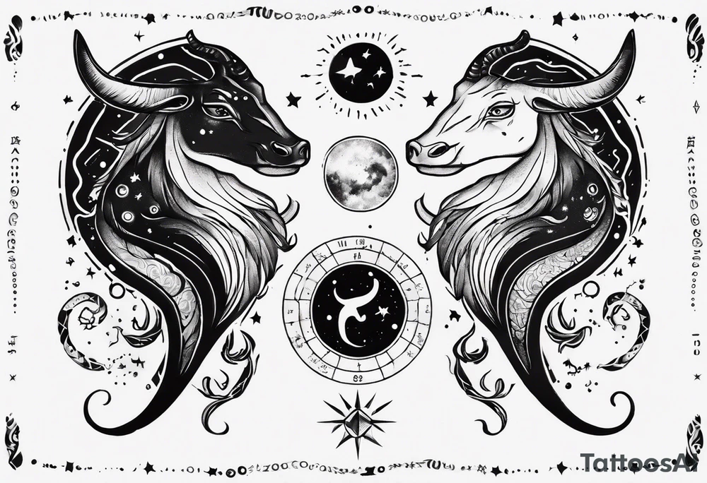 nigh sky, showing zodiac sign for Pisces and Taurus. upper arm sleeve tattoo tattoo idea
