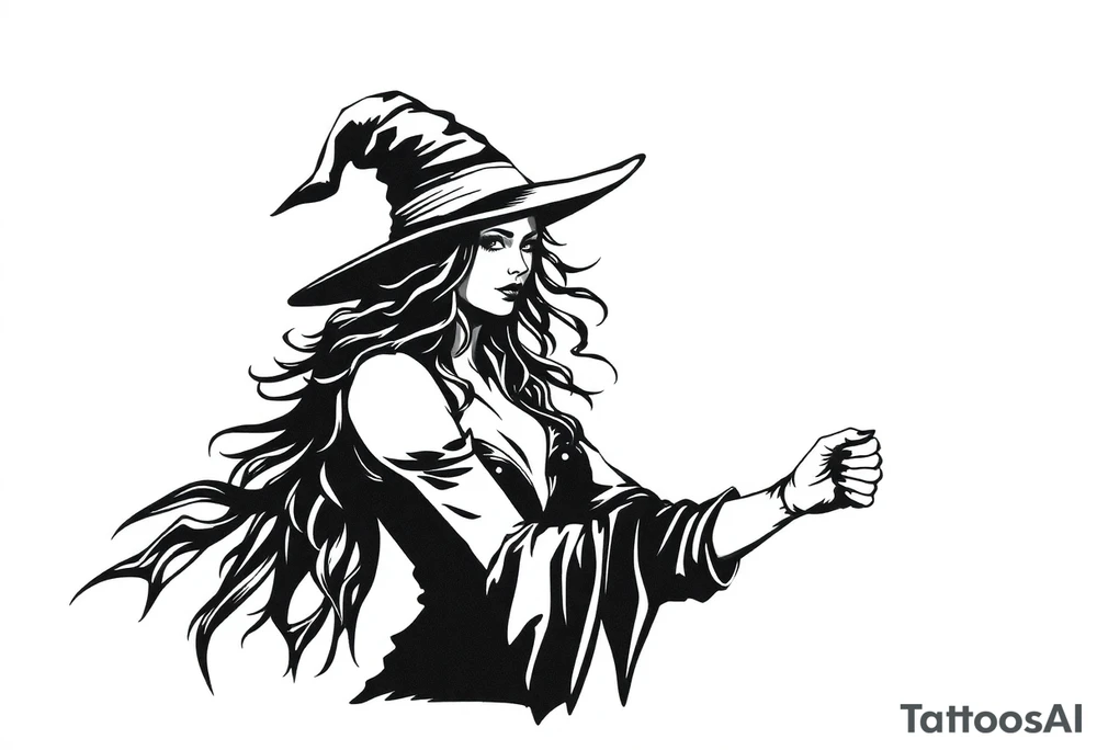 A silhouette stencil style drawing of Stevie nicks as a witch tattoo idea